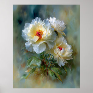 Ätherische weiße Pfingstrosen in Blüte Poster