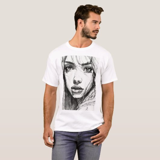 Ätherischer Blick: Scratchy Pen Portrait T-Shirt (Vorne ganz)