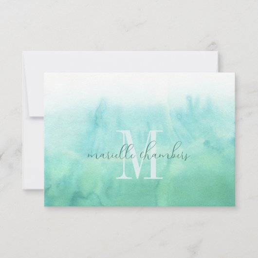 Ätherisches grünes Aquarellfarbenmonogramm Mitteilungskarte (Vorderseite)