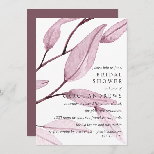 Ätherisches Rosa | Brautparty Hochzeit mit Leafy Einladung (Vorne/Hinten)