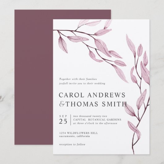 Ätherisches Rosa | Vertikale botanische Blätter Ho Einladung (Vorne/Hinten)