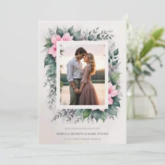 Ätherisches und bezauberndes botanisches Foto Save The Date (Stehend Vorderseite)