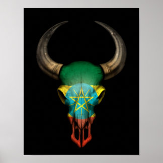 Äthiopische Flagge Bull Skull auf schwarz Poster