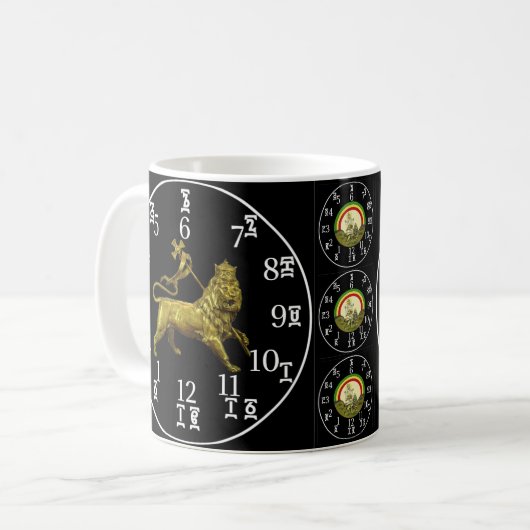 Äthiopische Lion Clock-Tasse - Amharisch-englische Kaffeetasse (Vorderseite Links)