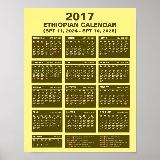 Äthiopischer Kalender 2017 für die Jahre 2024 und Poster (Vorne)