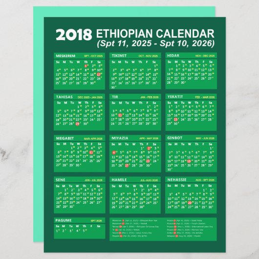Äthiopischer Kalender-Konverter für das Jahr 2025 (Vorne/Hinten)