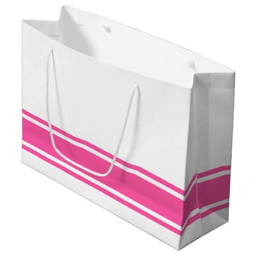 Athletische Candy Pink Base Rennstreifen auf Weiß Große Geschenktüte (Vorderseite Schrägansicht)