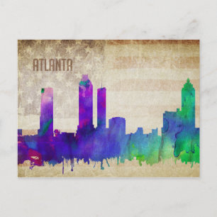 Atlanta, GA   Wasserfarbe Stadt Skyline Postkarte