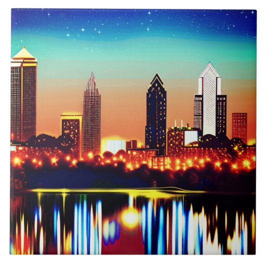 Atlanta Skyline by Night with Reflections Fliese (Vorderseite)
