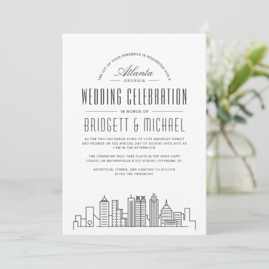 Atlanta Wedding | Moderner Deko Skyline Einladung (Stehend Vorderseite)