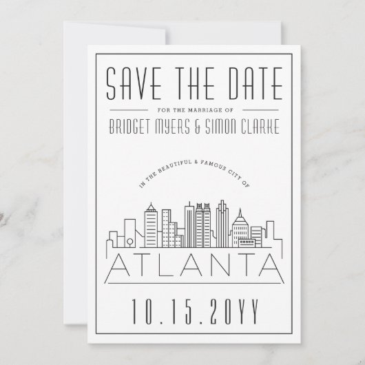 Atlanta Wedding | Stilisierte Skyline Save the Dat Einladung (Vorderseite)