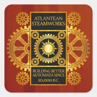 Atlantean Steamworks - Gold & Leather on Wood Quadratischer Aufkleber