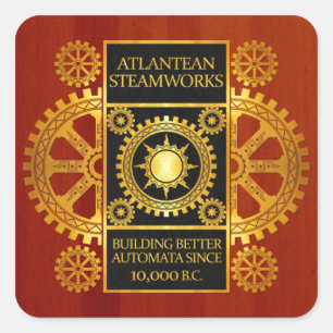 Atlantean Steamworks - Gold u. Leder auf Holz Quadratischer Aufkleber