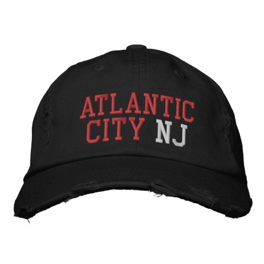 ATLANTIC CITY NJ Red White auf Black Vintag Style Bestickte Baseballkappe (Vorderseite)