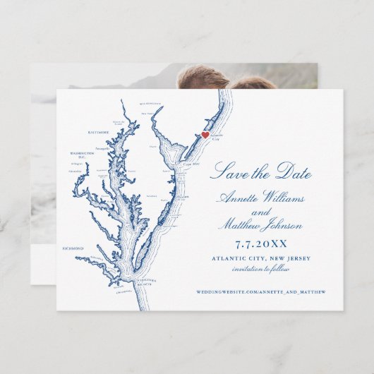 Atlantic City NJ Wedding Elegant Navy Map Save The Date (Vorne/Hinten)