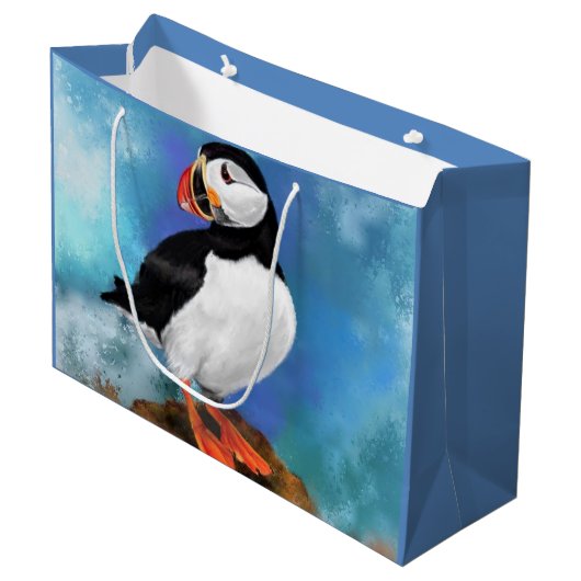 Atlantic Puffin Bird Gift Bag - Malerei Große Geschenktüte (Vorderseite Schrägansicht)