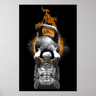 ATLAS, DIE EINE KETTLEBELLE AUF DEM FEUER HALTEN POSTER