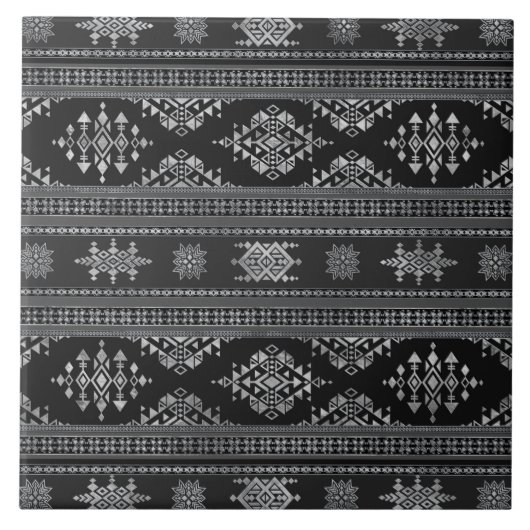 Ätnische Ornamente - Graustufen-Silber Fliese (Vorderseite)