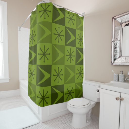 Atom Age Checkered Boomerangs Olive Duschvorhang (Beispiel)