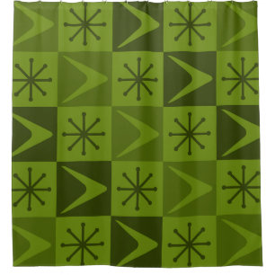 Atom Age Checkered Boomerangs Olive Duschvorhang