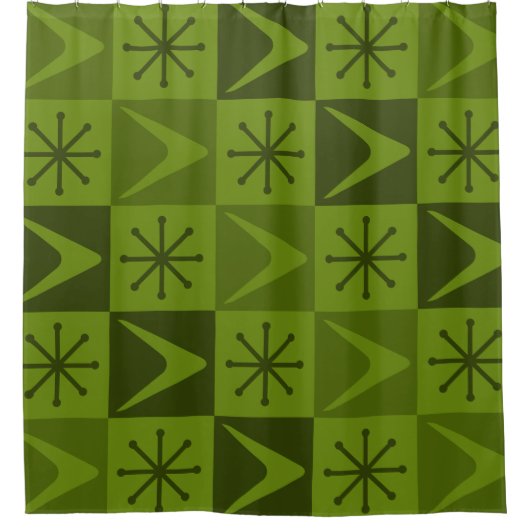 Atom Age Checkered Boomerangs Olive Duschvorhang (Vorderseite)