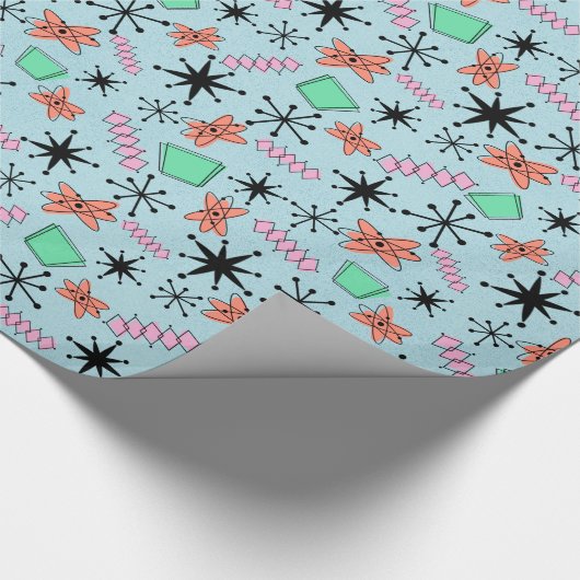 Atom-rosa Orange grün auf blauem Medium Geschenkpapier (Ecke)