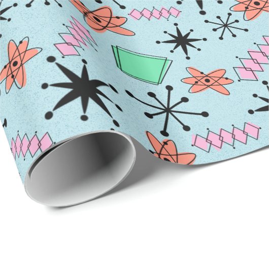 Atom-rosa Orange grün auf blauem Medium Geschenkpapier (Rolleneckpunkt)