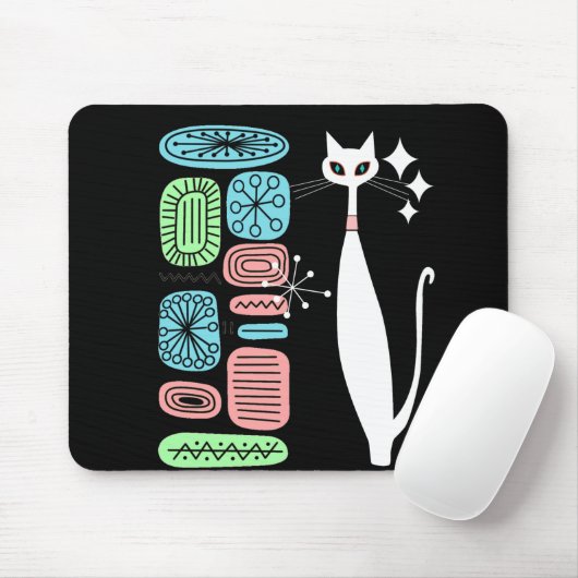 Atomära-Mitte- des Jahrhundertsmoderne weiße Katze Mousepad (Mit Mouse)
