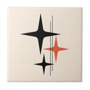 Atomare Sterne Retro-Midcentury-Schwarz Orange Cre Fliese