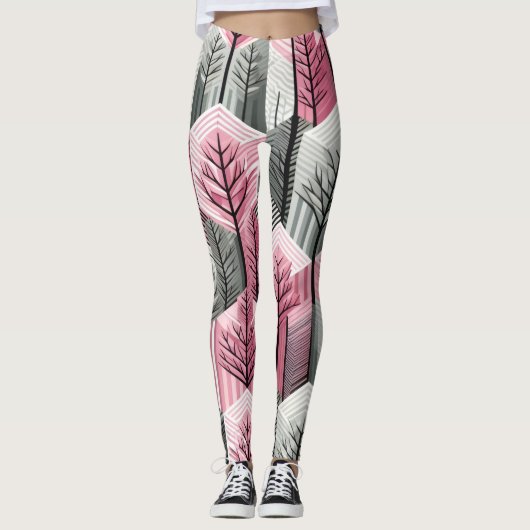 Atomares Rosa-Grau-Geometrisches-Baum-Gitter Leggings (Vorderseite)