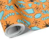 Atomförmige MCM-Formen Türkis auf Orange Geschenkpapier (Rolleneckpunkt)