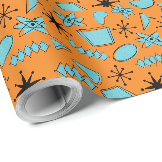 Atomförmige MCM-Formen Türkis auf Orange Geschenkpapier (Rolleneckpunkt)