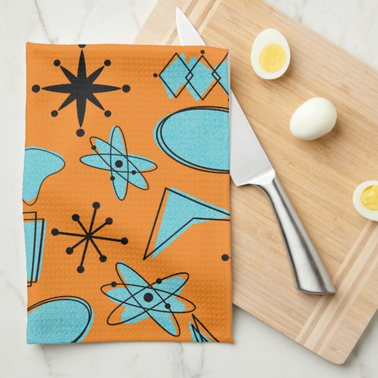 Atomförmige MCM-Formen Türkis auf Orange Geschirrtuch (Viertel Falte)