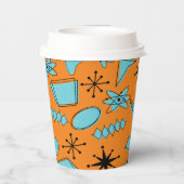 Atomförmige MCM-Formen Türkis auf Orange Pappbecher (Rückseite)