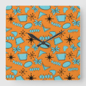 Atomförmige MCM-Formen Türkis auf Orange Quadratische Wanduhr (Vorderseite)