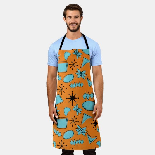 Atomförmige MCM-Formen Türkis auf Orange Schürze (Getragen)
