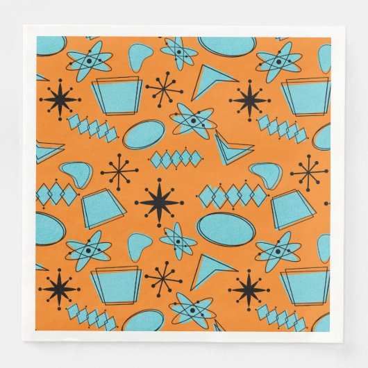 Atomförmige MCM-Formen Türkis auf Orange Serviette (Vorderseite)