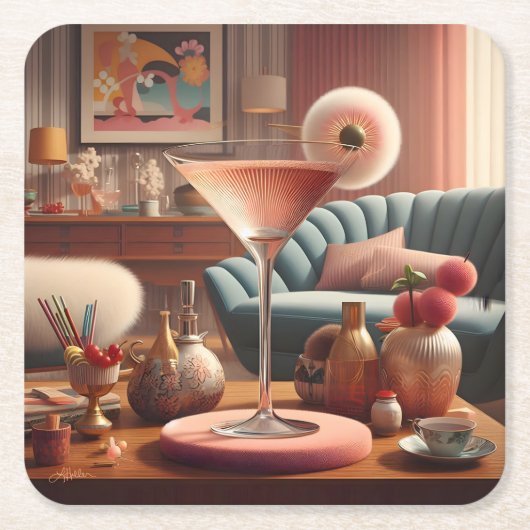 Atomfuturistic Cherry Blossom Martini Rechteckiger Pappuntersetzer (Vorderseite)