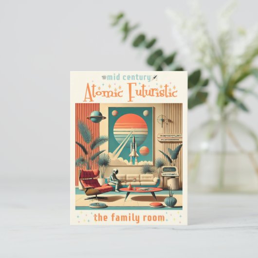 Atomfuturistic Florida Space Age Family Room Postkarte (Stehend Vorderseite)