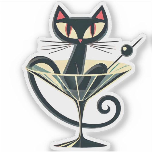 Atomfuturistic Space Age Black Cat Martini Aufkleber (Vorderseite)