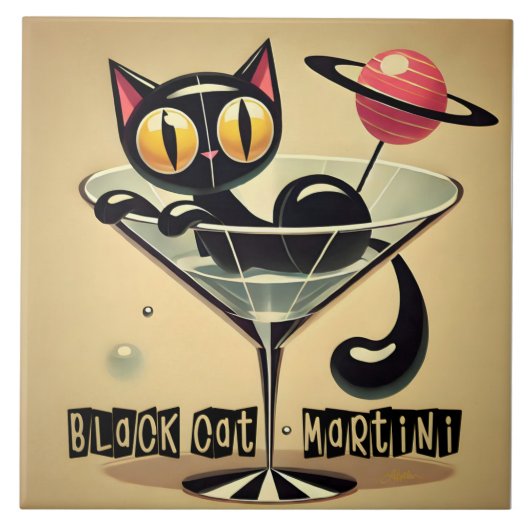 Atomfuturistic Space Age Black Cat Martini Fliese (Vorderseite)