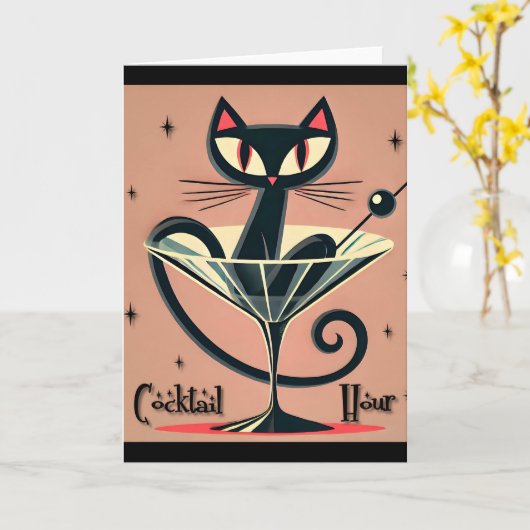 Atomfuturistic Space Age Black Cat Martini Karte (Gelbe Blume)