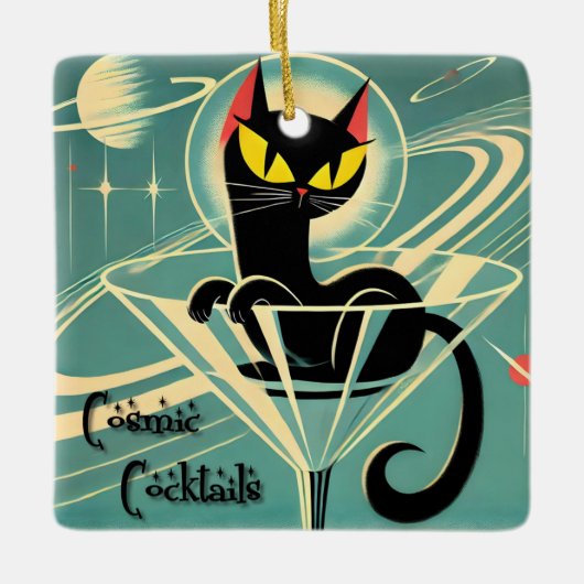 Atomfuturistic Space Age Black Cat Martini Keramikornament (Vorderseite)
