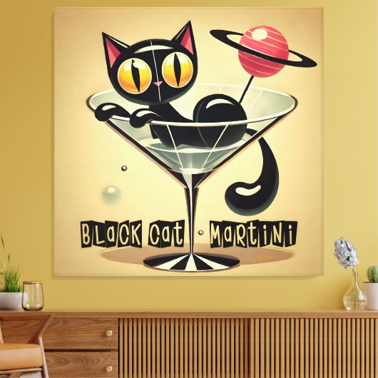 Atomfuturistic Space Age Black Cat Martini Leinwanddruck (Insitu (Wohnzimmer))