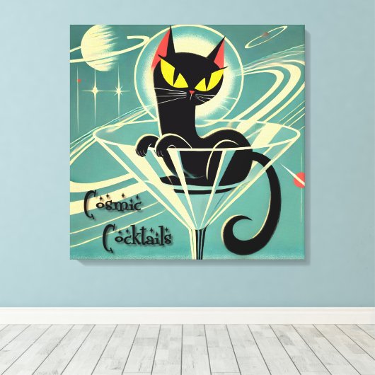 Atomfuturistic Space Age Black Cat Martini Leinwanddruck (Insitu (Holzboden))