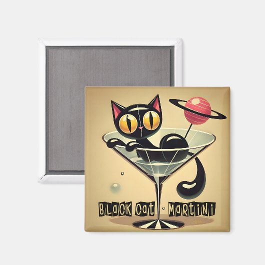 Atomfuturistic Space Age Black Cat Martini Magnet (Vorderseite/Rückseite)