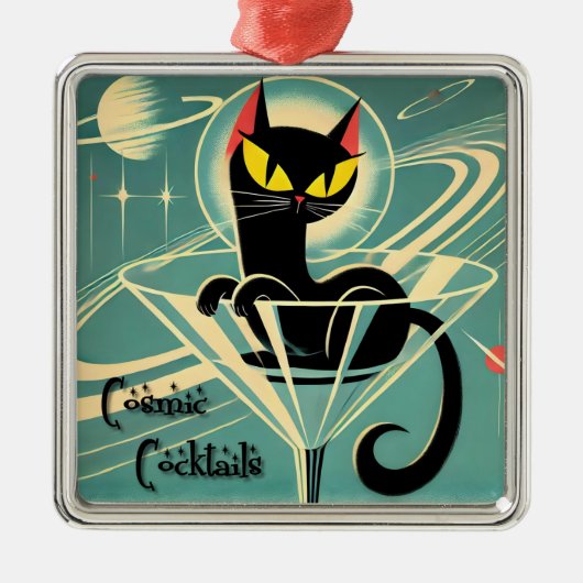 Atomfuturistic Space Age Black Cat Martini Ornament Aus Metall (Vorne)