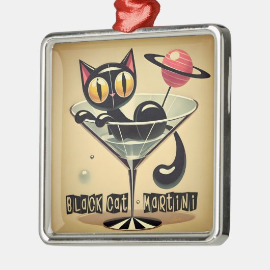 Atomfuturistic Space Age Black Cat Martini Ornament Aus Metall (Links)