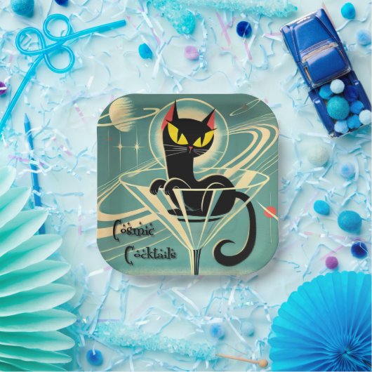 Atomfuturistic Space Age Black Cat Martini Pappteller (Party)
