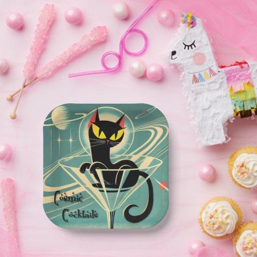 Atomfuturistic Space Age Black Cat Martini Pappteller (Party)